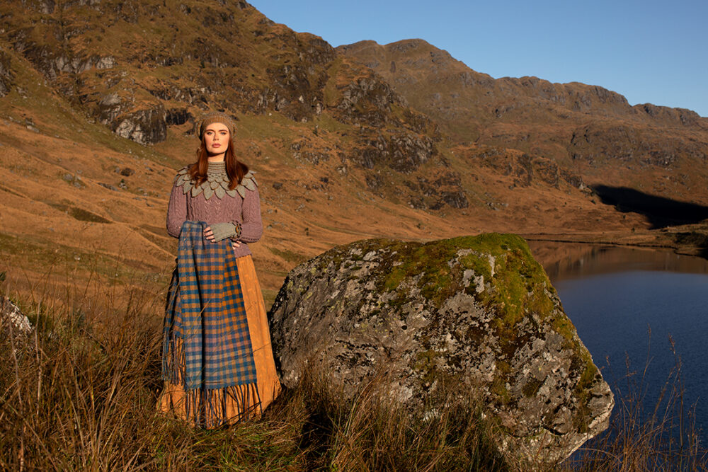 Eagle Collar, Hirta beret, Ruabhal Gloves, Maidenhair Pullover and Oiseabhal Woven wrap patterncard kits by Alice Starmore in Hebridean 2 Ply