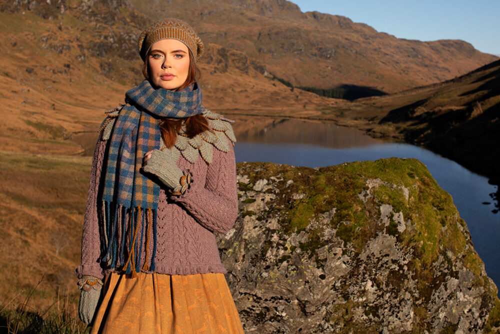 Eagle Collar, Hirta beret, Ruabhal Gloves, Maidenhair Pullover and Oiseabhal Woven wrap patterncard kits by Alice Starmore in Hebridean 2 Ply