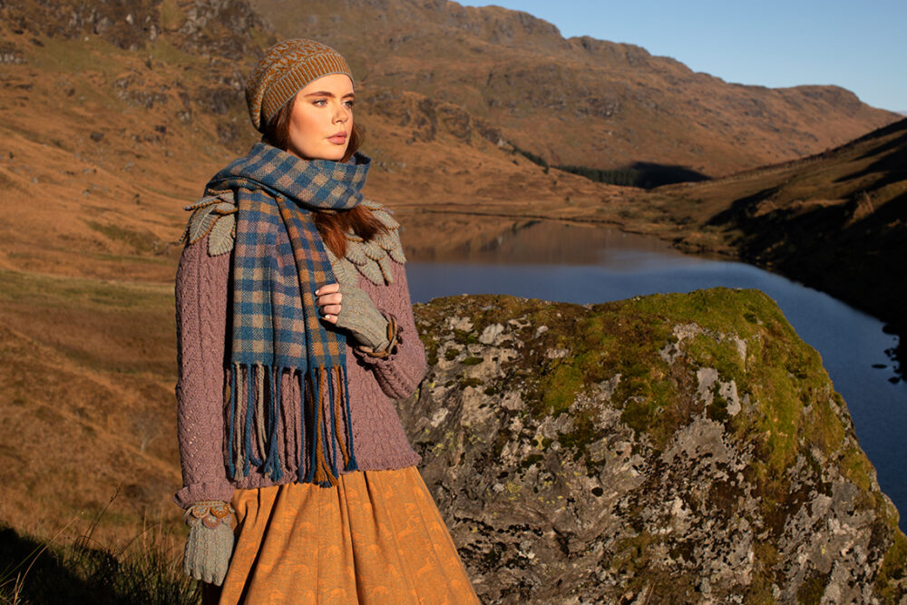 Eagle Collar, Hirta beret, Ruabhal Gloves, Maidenhair Pullover and Oiseabhal Woven wrap patterncard kits by Alice Starmore in Hebridean 2 Ply