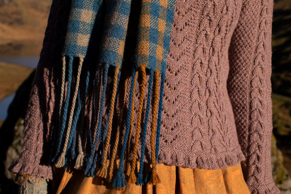 Eagle Collar, Hirta beret, Ruabhal Gloves, Maidenhair Pullover and Oiseabhal Woven wrap patterncard kits by Alice Starmore in Hebridean 2 Ply