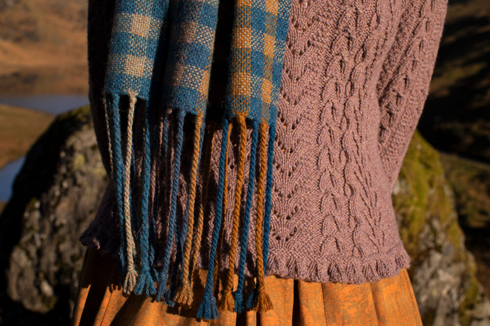 Eagle Collar, Hirta beret, Ruabhal Gloves, Maidenhair Pullover and Oiseabhal Woven wrap patterncard kits by Alice Starmore in Hebridean 2 Ply