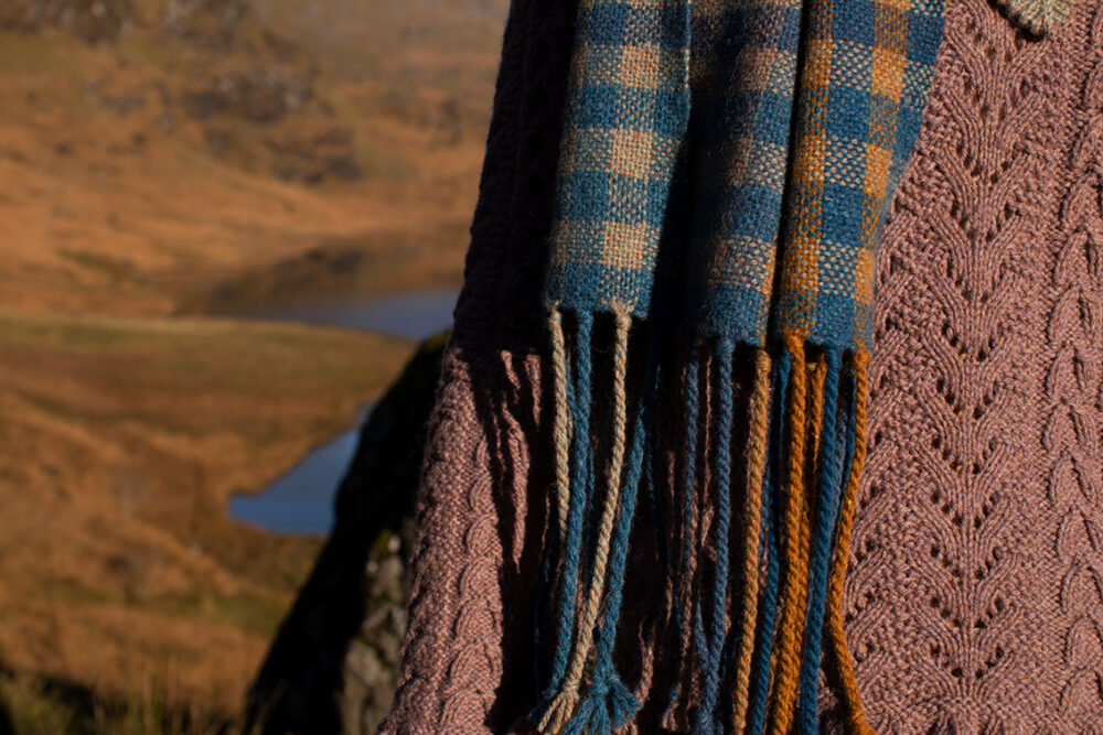 Eagle Collar, Hirta beret, Ruabhal Gloves, Maidenhair Pullover and Oiseabhal Woven wrap patterncard kits by Alice Starmore in Hebridean 2 Ply