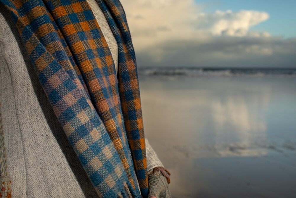 Ruabhal Hat Set and Oiseabhal Woven wrap patterncard kits by Alice Starmore in Hebridean 2 Ply