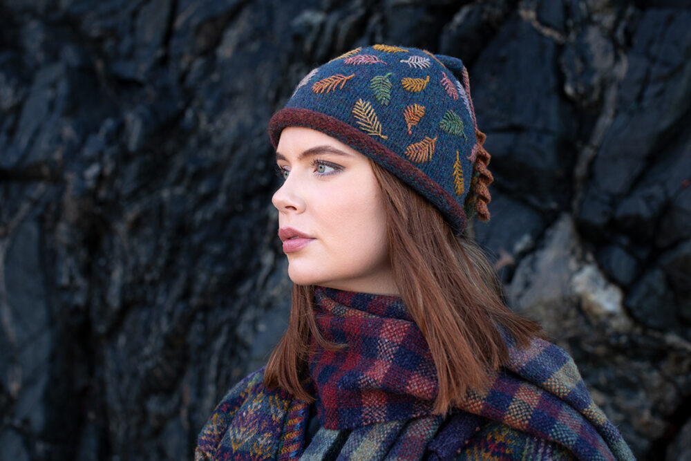 Oiseabhal wrap and Oregon Autumn Cardigan and Hat Set patterncard kit designs and Autumn Leaf Hat from Creative Course 1 by Alice Starmore in Hebridean 2 Ply