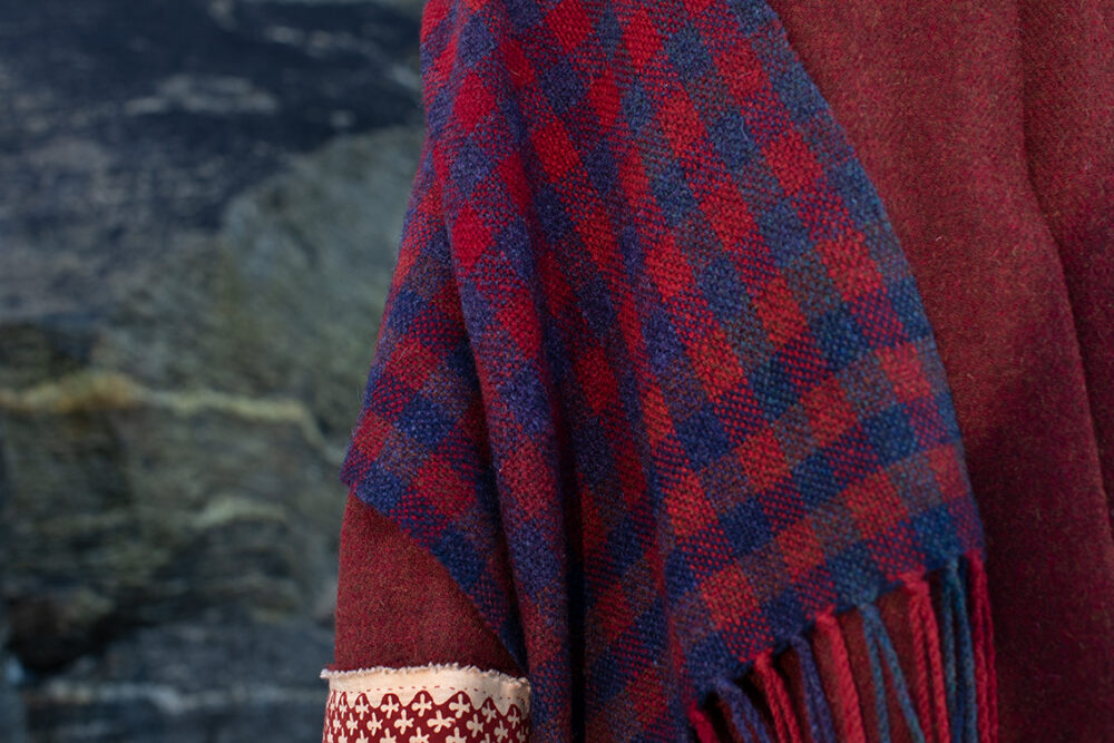 Oiseabhal wrap and Ruabhal gloves patterncard kit designs and Hat from Creative Course 1 by Alice Starmore in Hebridean 2 Ply
