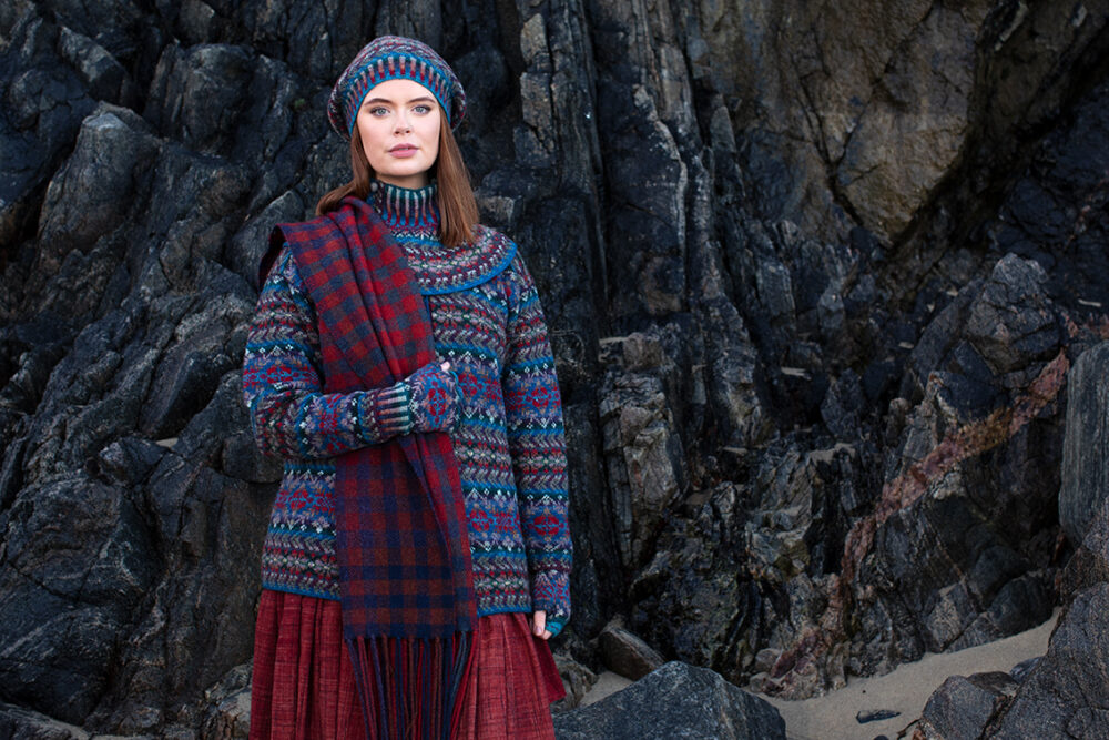 Oiseabhal wrap and Marina Cardigan and Hat Set patterncard kit design by Alice Starmore in Hebridean 2 Ply