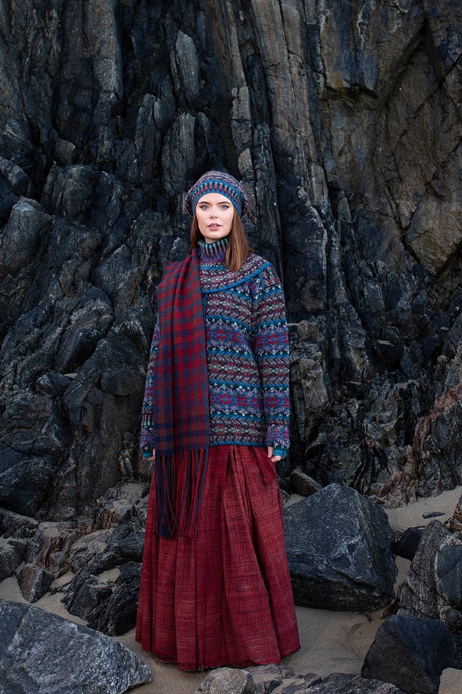 Oiseabhal wrap and Marina Cardigan and Hat Set patterncard kit design by Alice Starmore in Hebridean 2 Ply