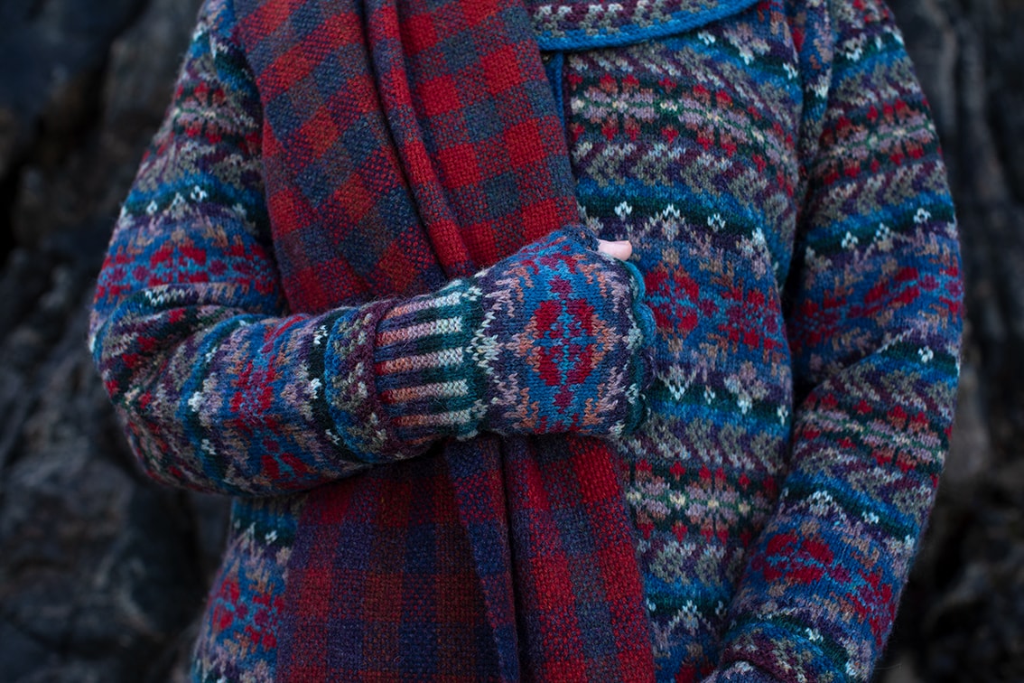 Oiseabhal wrap and Marina Cardigan and Hat Set patterncard kit design by Alice Starmore in Hebridean 2 Ply