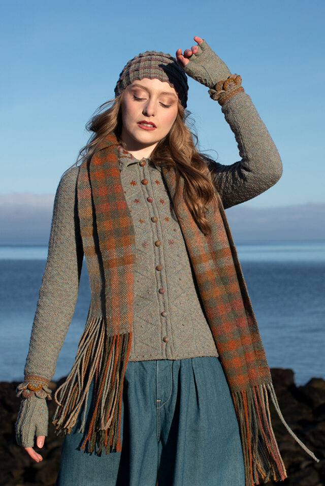 The Ruabhal gloves, Levenish Hat and Oiseabhal patterncard kit designs and Mountain Hare Cardigan from Glamourie by Alice Starmore in Hebridean 2 Ply
