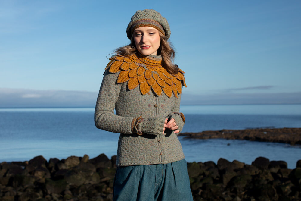 The Eagle Collar and Ruabhal patterncard kit designs and Mountain Hare Cardigan from Glamourie by Alice Starmore in Hebridean 2 Ply