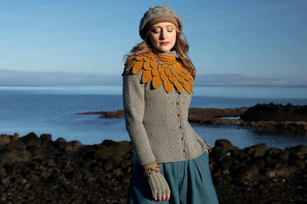 The Eagle Collar and Ruabhal patterncard kit designs and Mountain Hare Cardigan from Glamourie by Alice Starmore in Hebridean 2 Ply