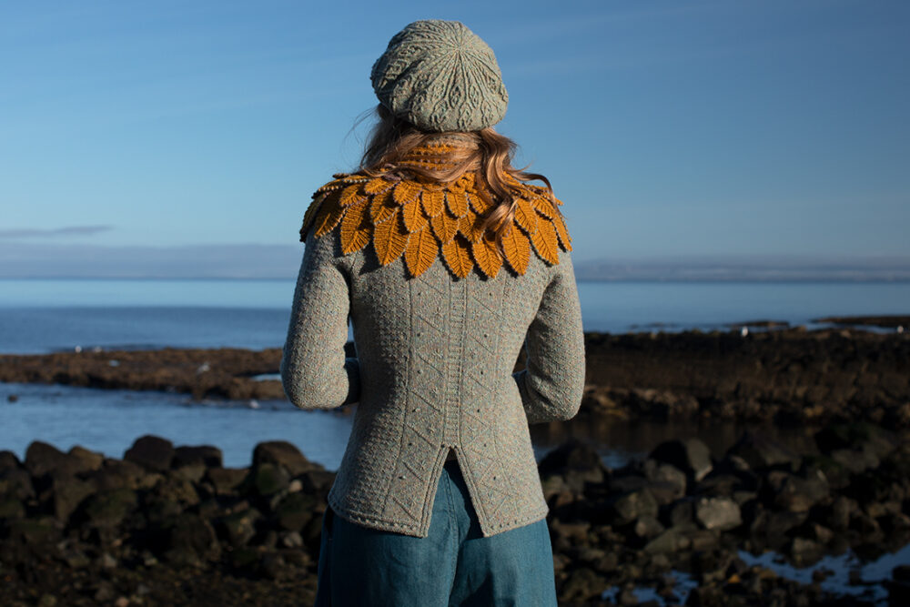 The Eagle Collar and Ruabhal patterncard kit designs and Mountain Hare Cardigan from Glamourie by Alice Starmore in Hebridean 2 Ply