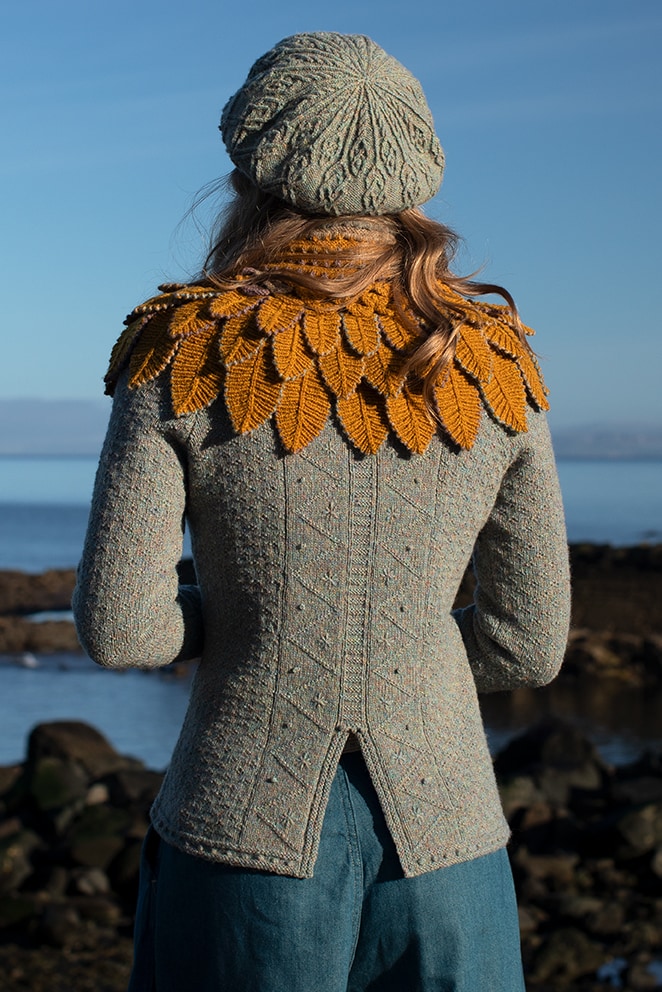 The Eagle Collar and Ruabhal patterncard kit designs and Mountain Hare Cardigan from Glamourie by Alice Starmore in Hebridean 2 Ply