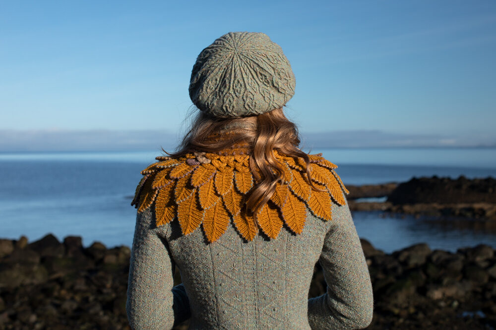 The Eagle Collar and Ruabhal patterncard kit designs and Mountain Hare Cardigan from Glamourie by Alice Starmore in Hebridean 2 Ply
