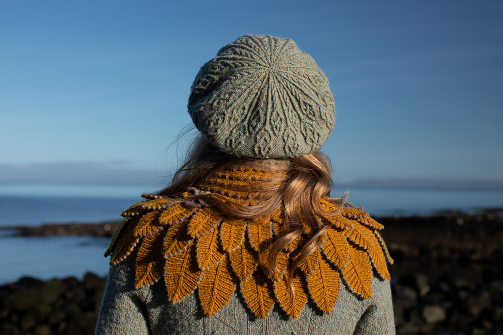 The Eagle Collar and Ruabhal patterncard kit designs and Mountain Hare Cardigan from Glamourie by Alice Starmore in Hebridean 2 Ply