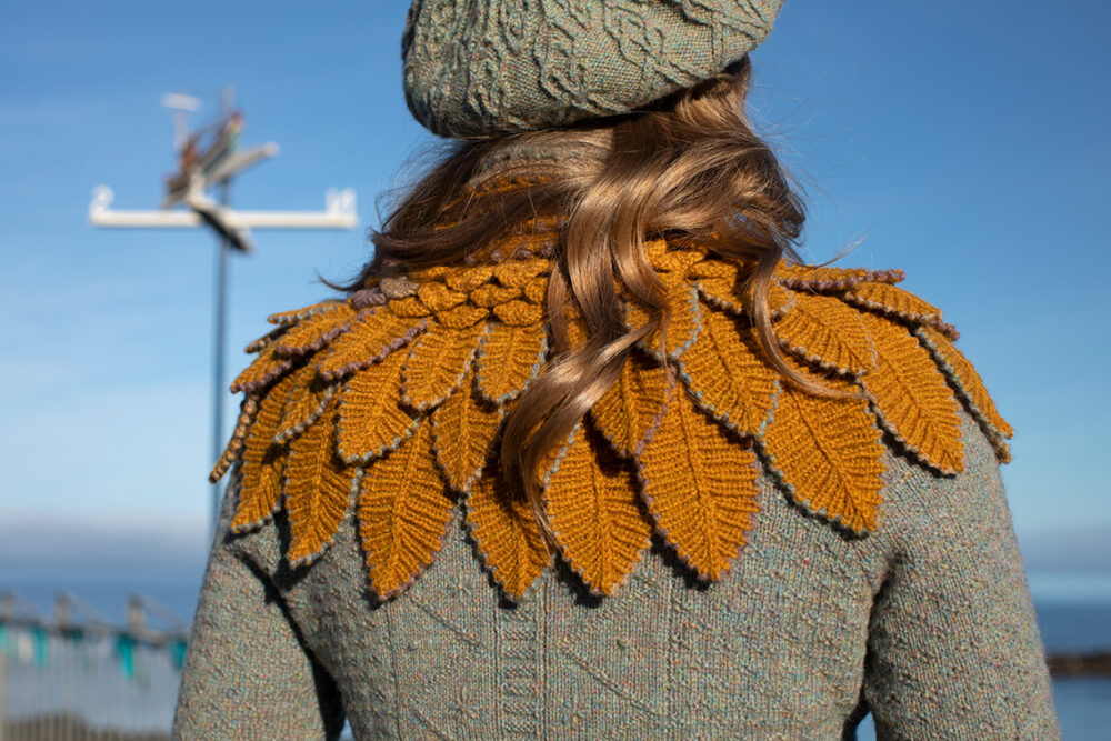 The Eagle Collar and Ruabhal patterncard kit designs and Mountain Hare Cardigan from Glamourie by Alice Starmore in Hebridean 2 Ply