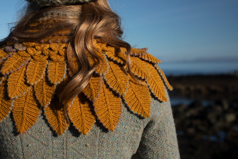 The Eagle Collar and Ruabhal patterncard kit designs and Mountain Hare Cardigan from Glamourie by Alice Starmore in Hebridean 2 Ply
