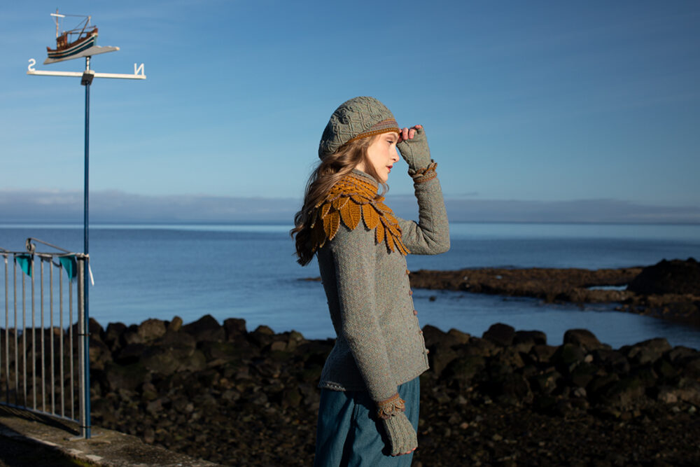 The Eagle Collar and Ruabhal patterncard kit designs and Mountain Hare Cardigan from Glamourie by Alice Starmore in Hebridean 2 Ply