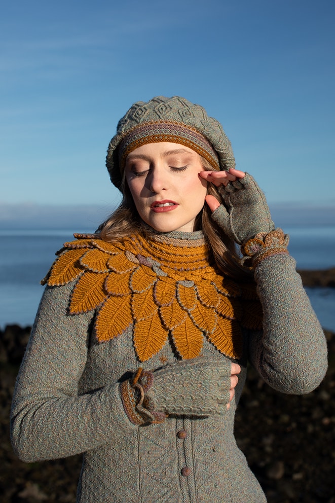 The Eagle Collar and Ruabhal patterncard kit designs and Mountain Hare Cardigan from Glamourie by Alice Starmore in Hebridean 2 Ply