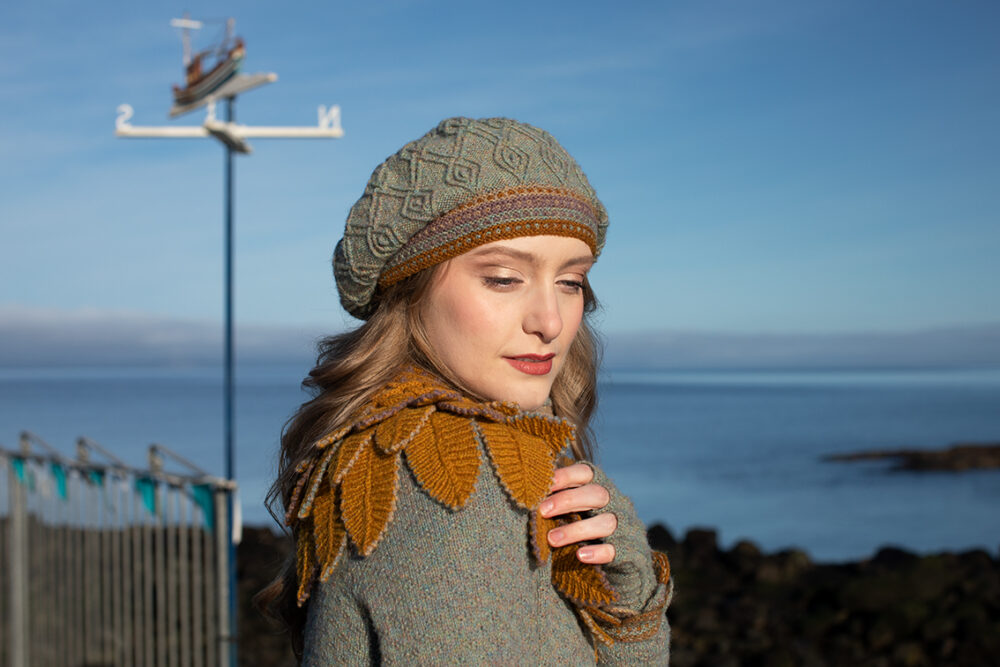 The Eagle Collar and Ruabhal patterncard kit designs and Mountain Hare Cardigan from Glamourie by Alice Starmore in Hebridean 2 Ply