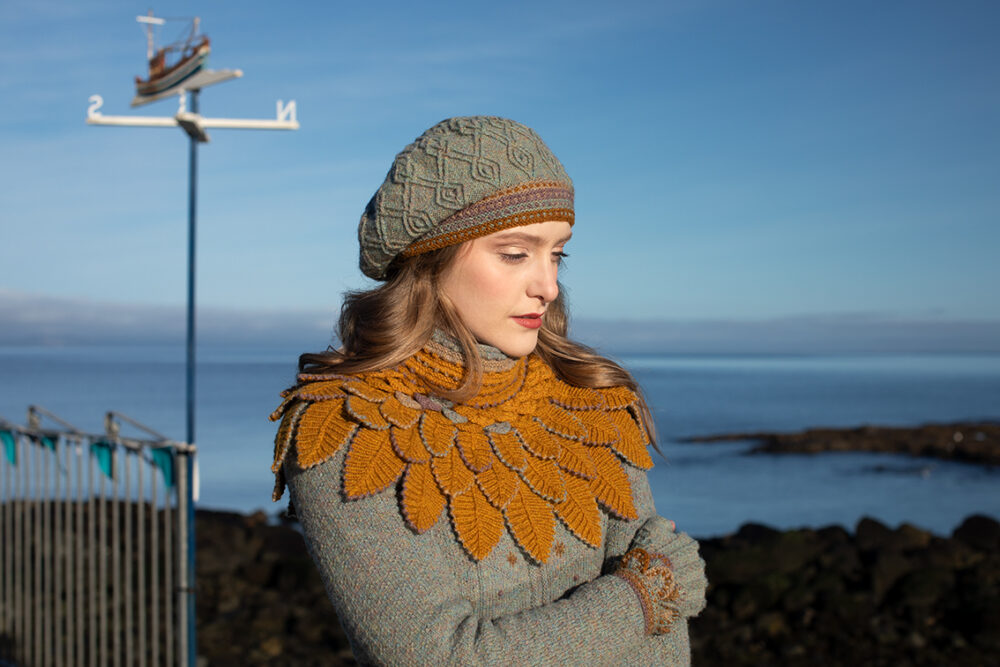 The Eagle Collar and Ruabhal patterncard kit designs and Mountain Hare Cardigan from Glamourie by Alice Starmore in Hebridean 2 Ply