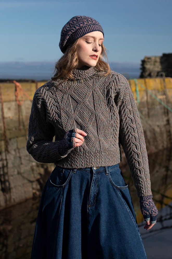 Inishmore and Hirta Hat Set hand knitwear patterncard kits in Alice Starmore Hebridean pure British wool hand knitting yarn