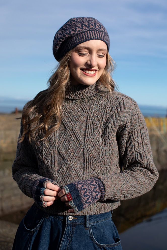 Inishmore and Hirta Hat Set hand knitwear patterncard kits in Alice Starmore Hebridean pure British wool hand knitting yarn