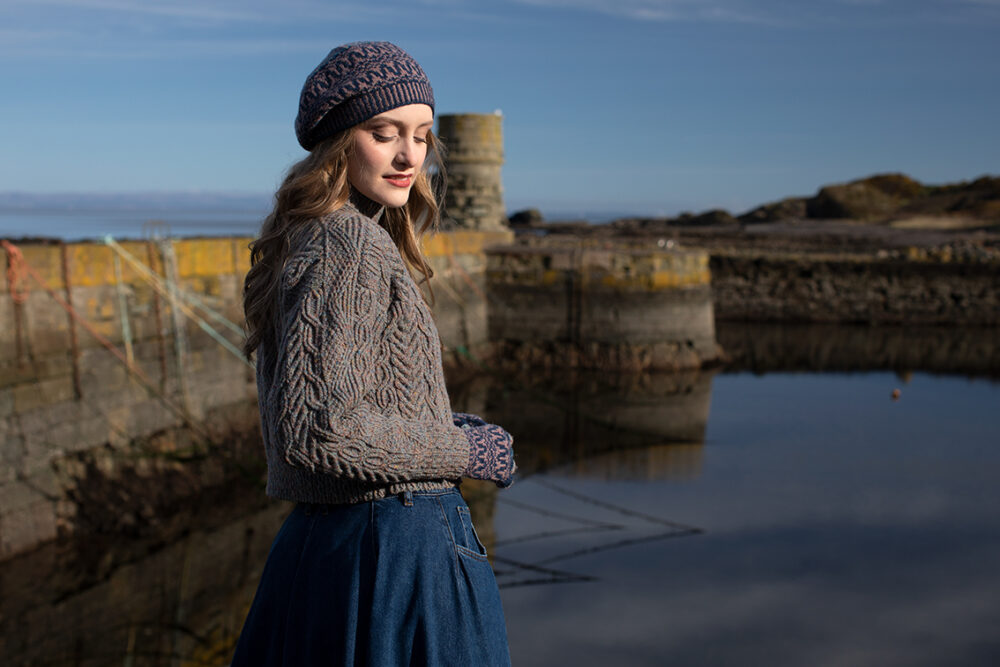 Inishmore and Hirta Hat Set hand knitwear patterncard kits in Alice Starmore Hebridean pure British wool hand knitting yarn