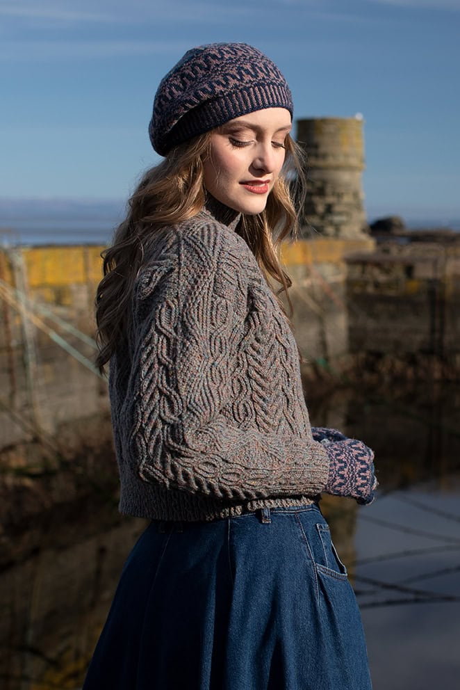 Inishmore and Hirta Hat Set hand knitwear patterncard kits in Alice Starmore Hebridean pure British wool hand knitting yarn