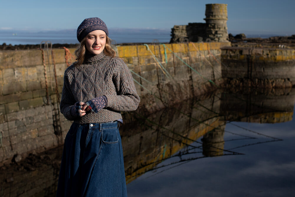Inishmore and Hirta Hat Set hand knitwear patterncard kits in Alice Starmore Hebridean pure British wool hand knitting yarn
