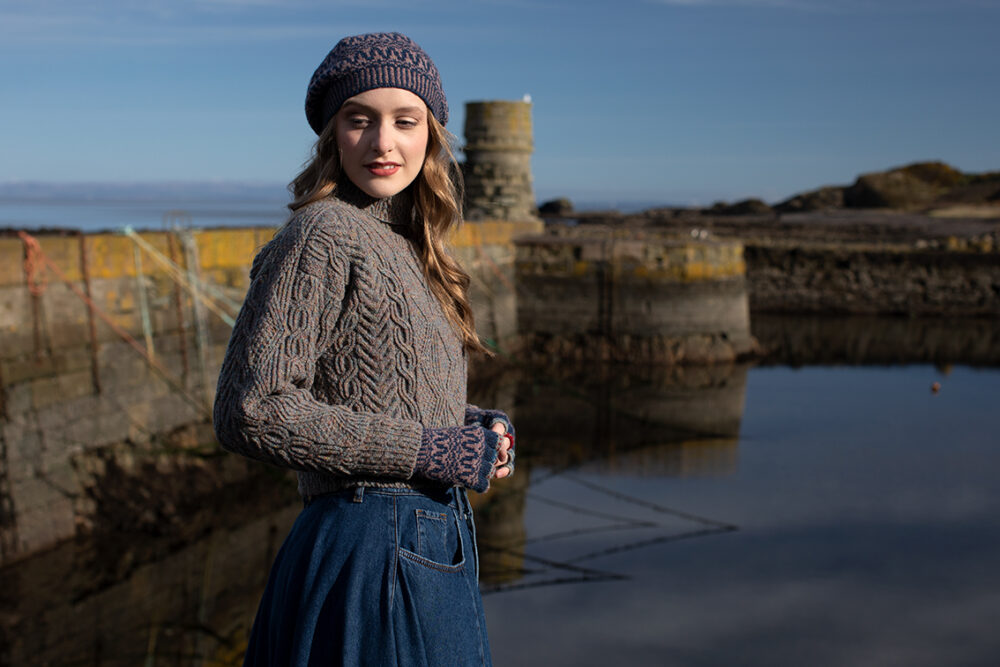 Inishmore and Hirta Hat Set hand knitwear patterncard kits in Alice Starmore Hebridean pure British wool hand knitting yarn