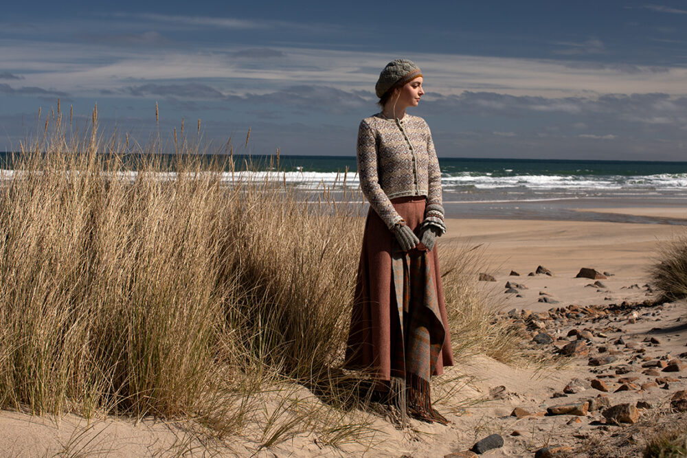 The Delta Cardigan, Ruabhal Hat Set and Oiseabhal patterncard kit designs and Dun Cuff from Creative Course 2 by Alice Starmore in Hebridean 2 Ply