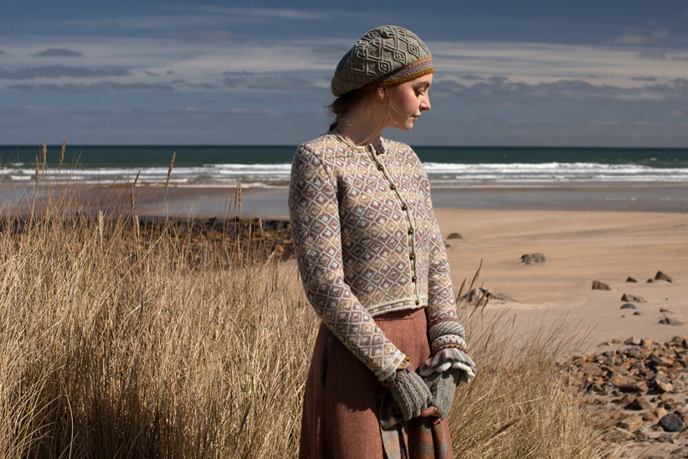 The Delta Cardigan, Ruabhal Hat Set and Oiseabhal patterncard kit designs and Dun Cuff from Creative Course 2 by Alice Starmore in Hebridean 2 Ply