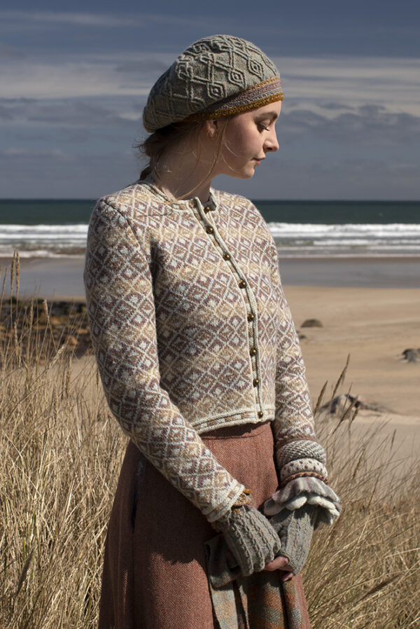 The Delta Cardigan, Ruabhal Hat Set and Oiseabhal patterncard kit designs and Dun Cuff from Creative Course 2 by Alice Starmore in Hebridean 2 Ply