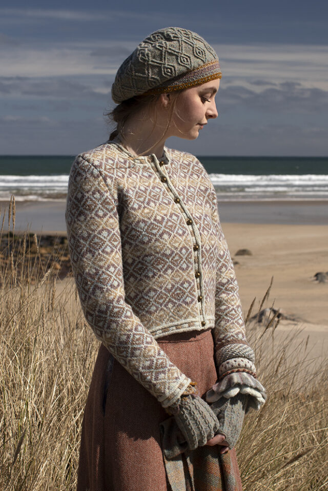 The Delta Cardigan, Ruabhal Hat Set and Oiseabhal patterncard kit designs and Dun Cuff from Creative Course 2 by Alice Starmore in Hebridean 2 Ply