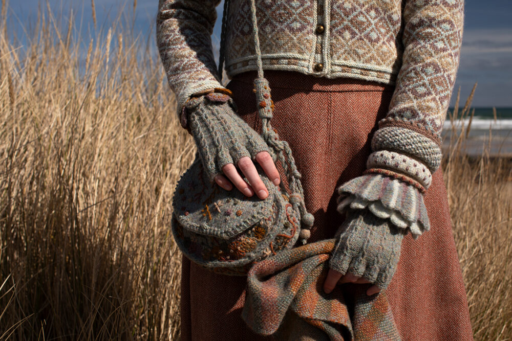 The Delta Cardigan, Ruabhal Hat Set and Oiseabhal patterncard kit designs and Dun Cuff from Creative Course 2 and Sporran Bag from Creative Course 3 by Alice Starmore in Hebridean 2 Ply
