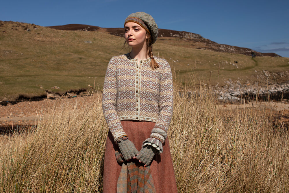 The Delta Cardigan, Ruabhal Hat Set and Oiseabhal patterncard kit designs and Dun Cuff from Creative Course 2 and Sporran Bag from Creative Course 3 by Alice Starmore in Hebridean 2 Ply
