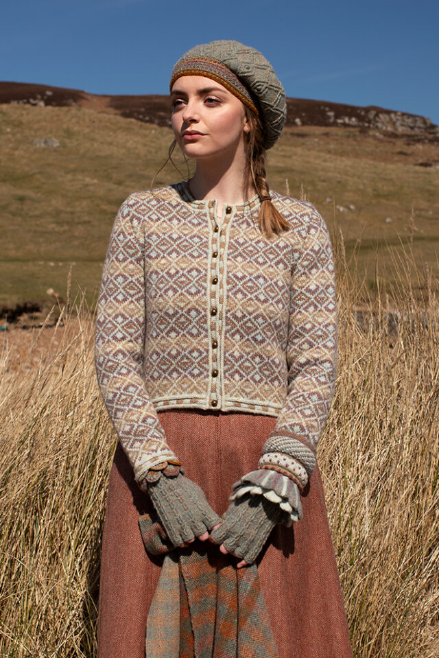 The Delta Cardigan, Ruabhal Hat Set and Oiseabhal patterncard kit designs and Dun Cuff from Creative Course 2 and Sporran Bag from Creative Course 3 by Alice Starmore in Hebridean 2 Ply