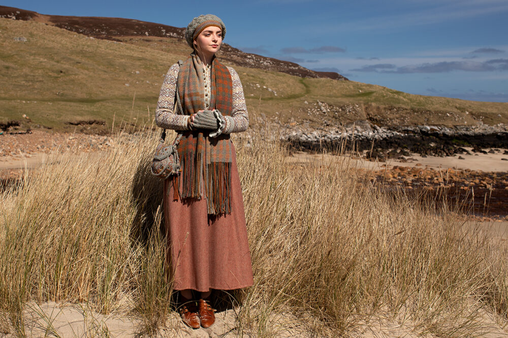 The Delta Cardigan, Ruabhal Hat Set and Oiseabhal patterncard kit designs and Dun Cuff from Creative Course 2 and Sporran Bag from Creative Course 3 by Alice Starmore in Hebridean 2 Ply