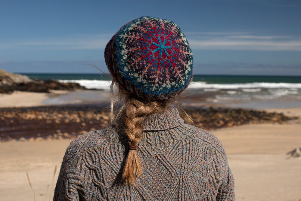 Inishmore and Marina Hat Set hand knitwear patterncard kits in Alice Starmore Hebridean pure British wool hand knitting yarn
