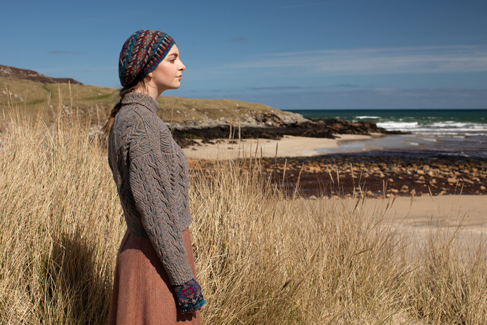 Inishmore and Marina Hat Set hand knitwear patterncard kits in Alice Starmore Hebridean pure British wool hand knitting yarn