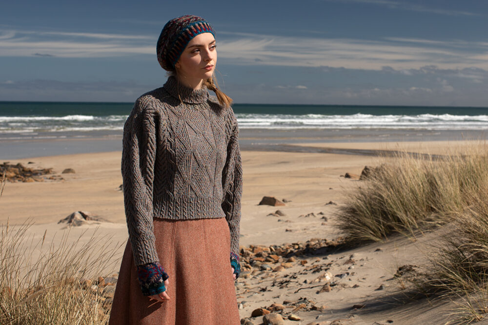 Inishmore and Marina Hat Set hand knitwear patterncard kits in Alice Starmore Hebridean pure British wool hand knitting yarn