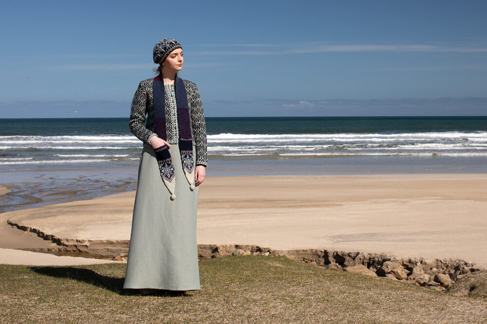 The Loch Lomond cardigan, St Agnes Eve Beret and Scarf and Ruabhal gloves hand knitwear patterncard kit designs by Alice Starmore made in Hebridean 2 Ply