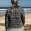 The Loch Lomond cardigan, St Agnes Eve Beret and Scarf and Ruabhal gloves hand knitwear patterncard kit designs by Alice Starmore made in Hebridean 2 Ply