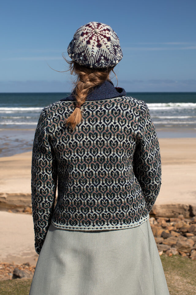 The Loch Lomond cardigan, St Agnes Eve Beret and Scarf and Ruabhal gloves hand knitwear patterncard kit designs by Alice Starmore made in Hebridean 2 Ply