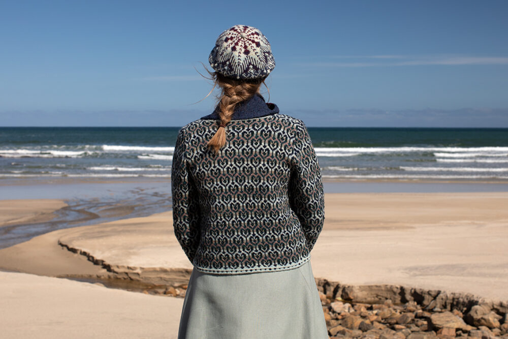 The Loch Lomond cardigan, St Agnes Eve Beret and Scarf and Ruabhal gloves hand knitwear patterncard kit designs by Alice Starmore made in Hebridean 2 Ply