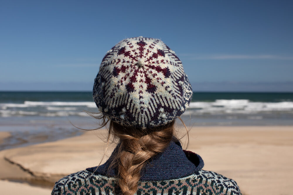 The Loch Lomond cardigan, St Agnes Eve Beret and Scarf and Ruabhal gloves hand knitwear patterncard kit designs by Alice Starmore made in Hebridean 2 Ply