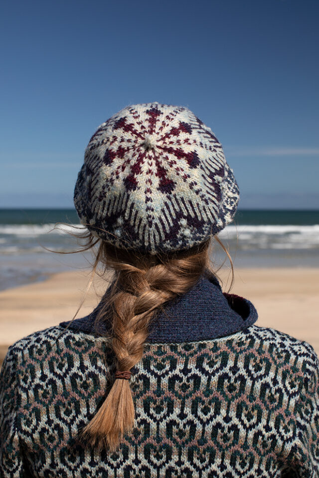 The Loch Lomond cardigan, St Agnes Eve Beret and Scarf and Ruabhal gloves hand knitwear patterncard kit designs by Alice Starmore made in Hebridean 2 Ply