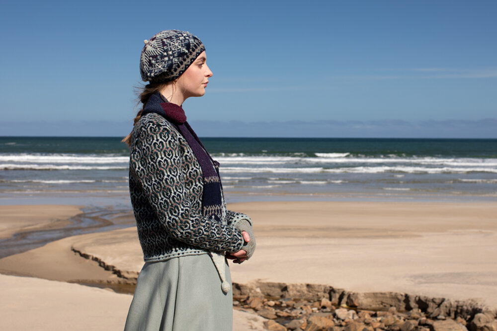 The Loch Lomond cardigan, St Agnes Eve Beret and Scarf and Ruabhal gloves hand knitwear patterncard kit designs by Alice Starmore made in Hebridean 2 Ply