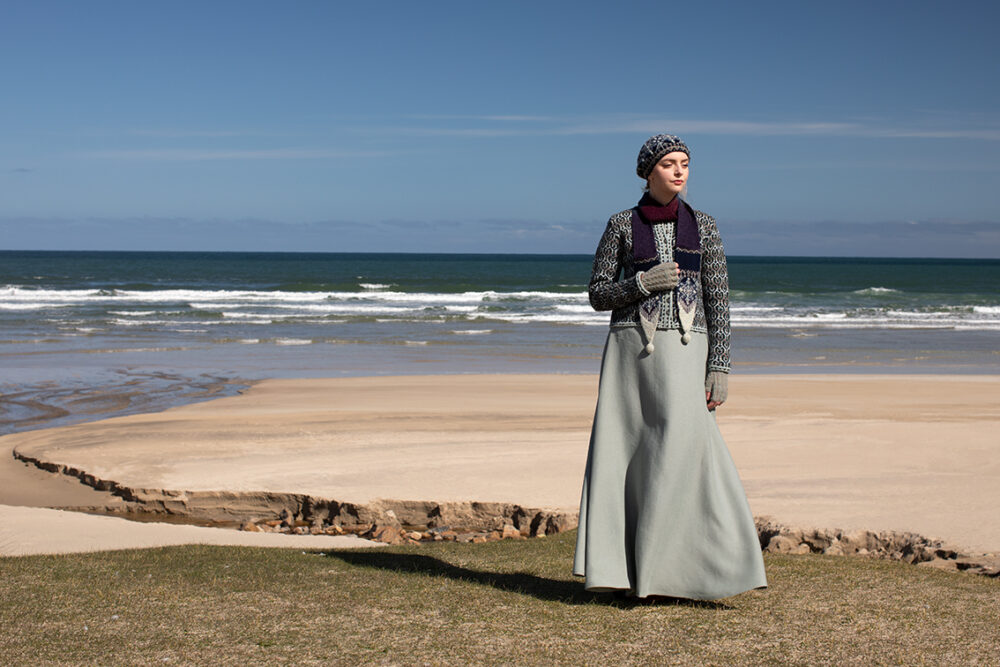 The Loch Lomond cardigan, St Agnes Eve Beret and Scarf and Ruabhal gloves hand knitwear patterncard kit designs by Alice Starmore made in Hebridean 2 Ply